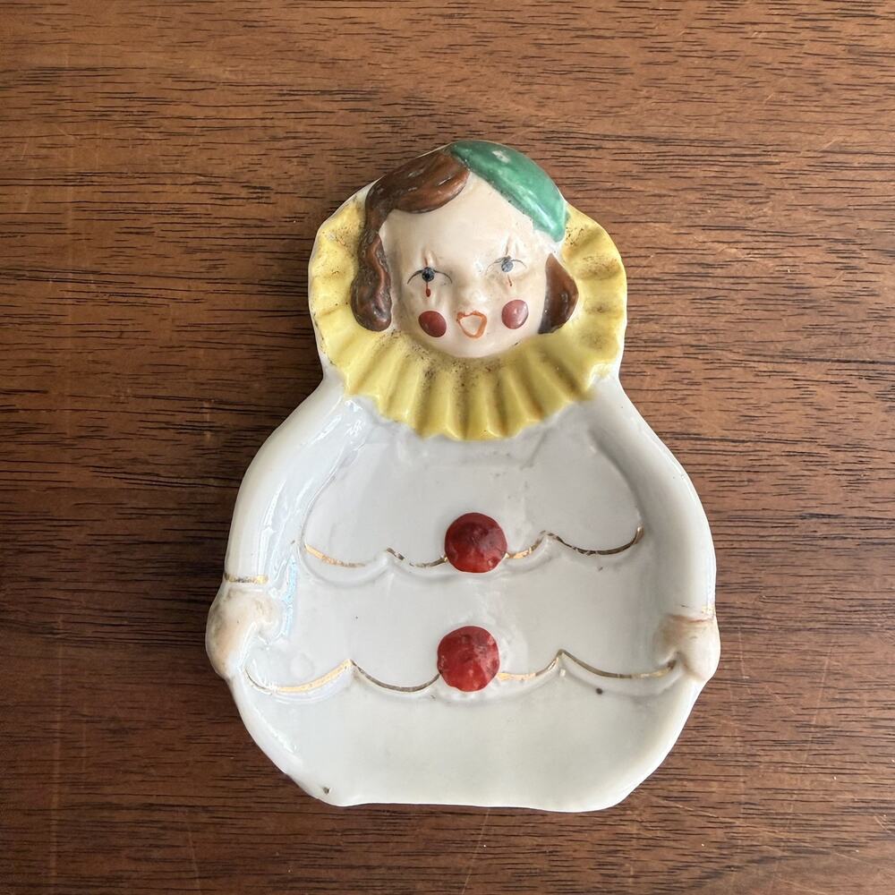 Vintage Pierrot Trinket Dish Clown Yellow Mid-Century Mod Made in Japan
